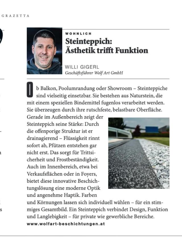 In der Mai-Ausgabe der Grazetta dürfen wir dieses Mal einen Expertentipp zum Thema Steinteppich beisteuern 🐺🪨

Danke an das Team der @grazetta.magazin & @herbertplescher für die tolle Zusammenarbeit.

#Steinteppich #natursteinteppich #stonecarpet